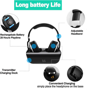 MONODEAL Wireless TV Headphones, Over Ear Headsets for TV Watching with Charging Dock, 2.4GHz RF Transmitter, 100ft Wireless Range and Rechargeable 20 Hour Battery, Black