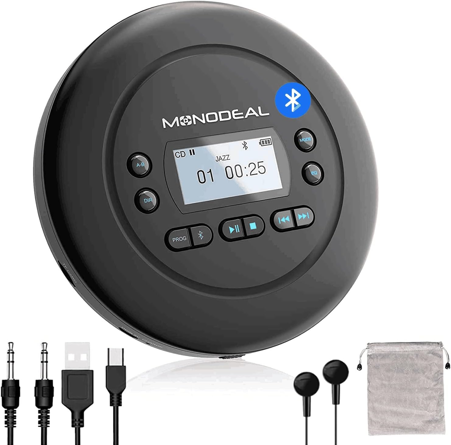 MONODEAL Tragbarer CD Player Bluetooth, Wiederaufladbar Discman für Auto und Kinder, Anti-Skip, klein mit Kopfhörer