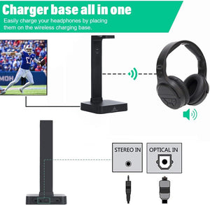 MONODEAL Wireless Headphones for TV Watching with Digital Optical RCA 2.4GHz RF Transmitter Charging Dock, Over Ear Headset with 3 Audio Modes, 197FT Wireless Range, 10Hrs Audio Playtime