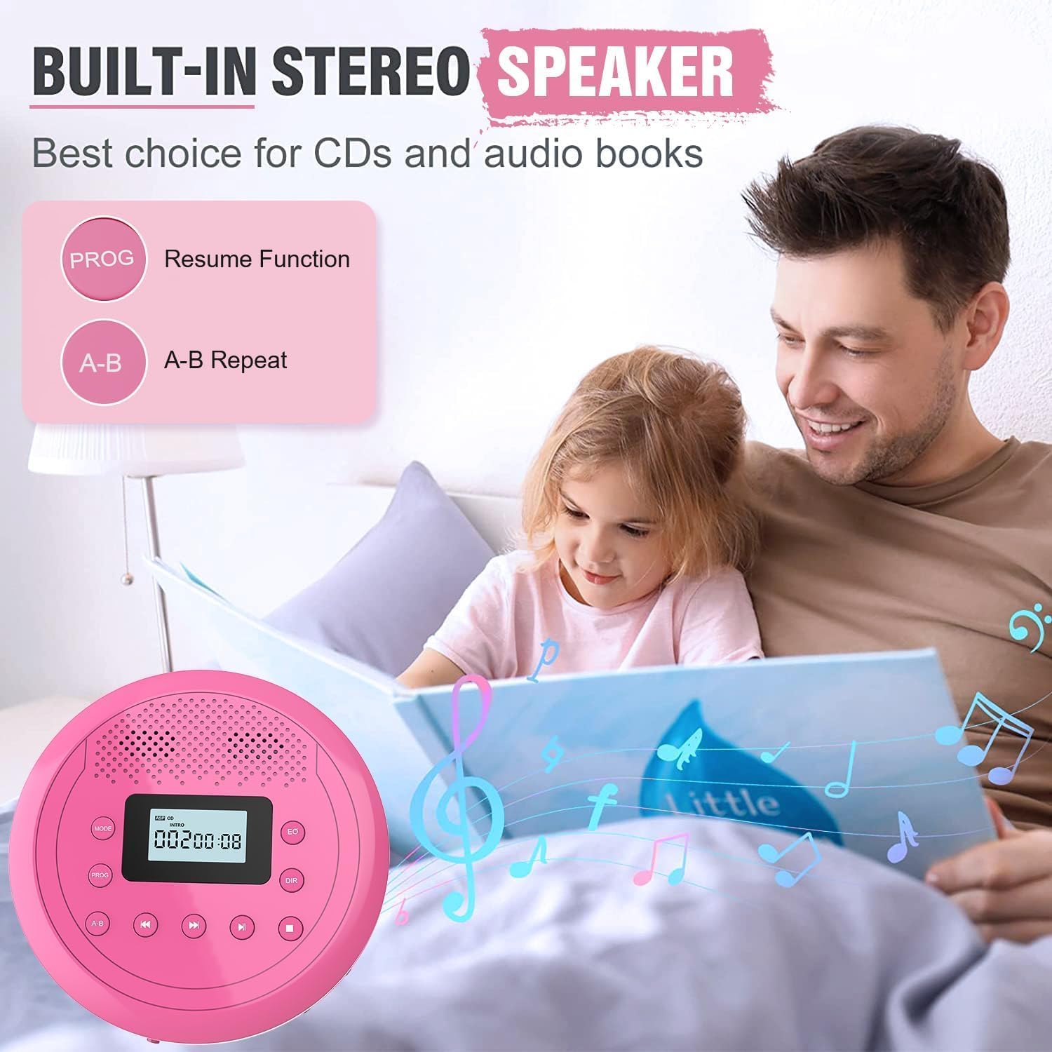MONODEAL CD Player Portable, Rechargeable CD Player with Speakers, Anti-Skip CD Player for Car and Home, Walkman CD Player with Headphones for Audio Book Music (Rose Red)