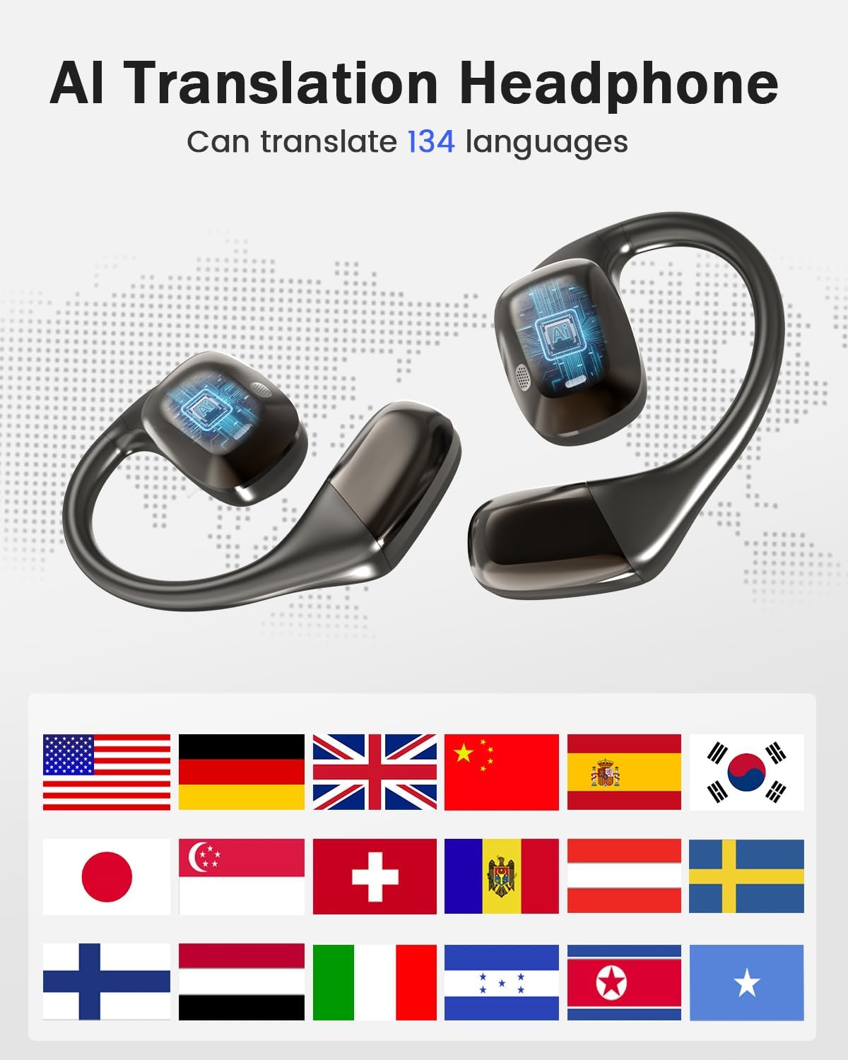MONODEAL AI Cuffie Traduzione Simultanea, 134 Lingue Open-Ear Auricolari Traduzione Simultanea, Cuffie Traduttore Simultaneo Vocale Per Viaggi Imparare