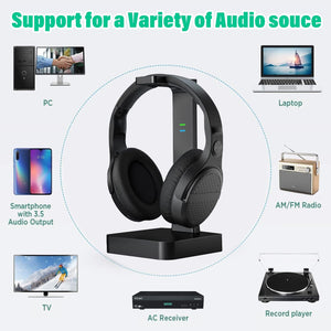 MONODEAL Wireless Headphones for TV Watching with Digital Optical RCA 2.4GHz RF Transmitter Charging Dock, Over Ear Headset with 3 Audio Modes, 197FT Wireless Range, 10Hrs Audio Playtime