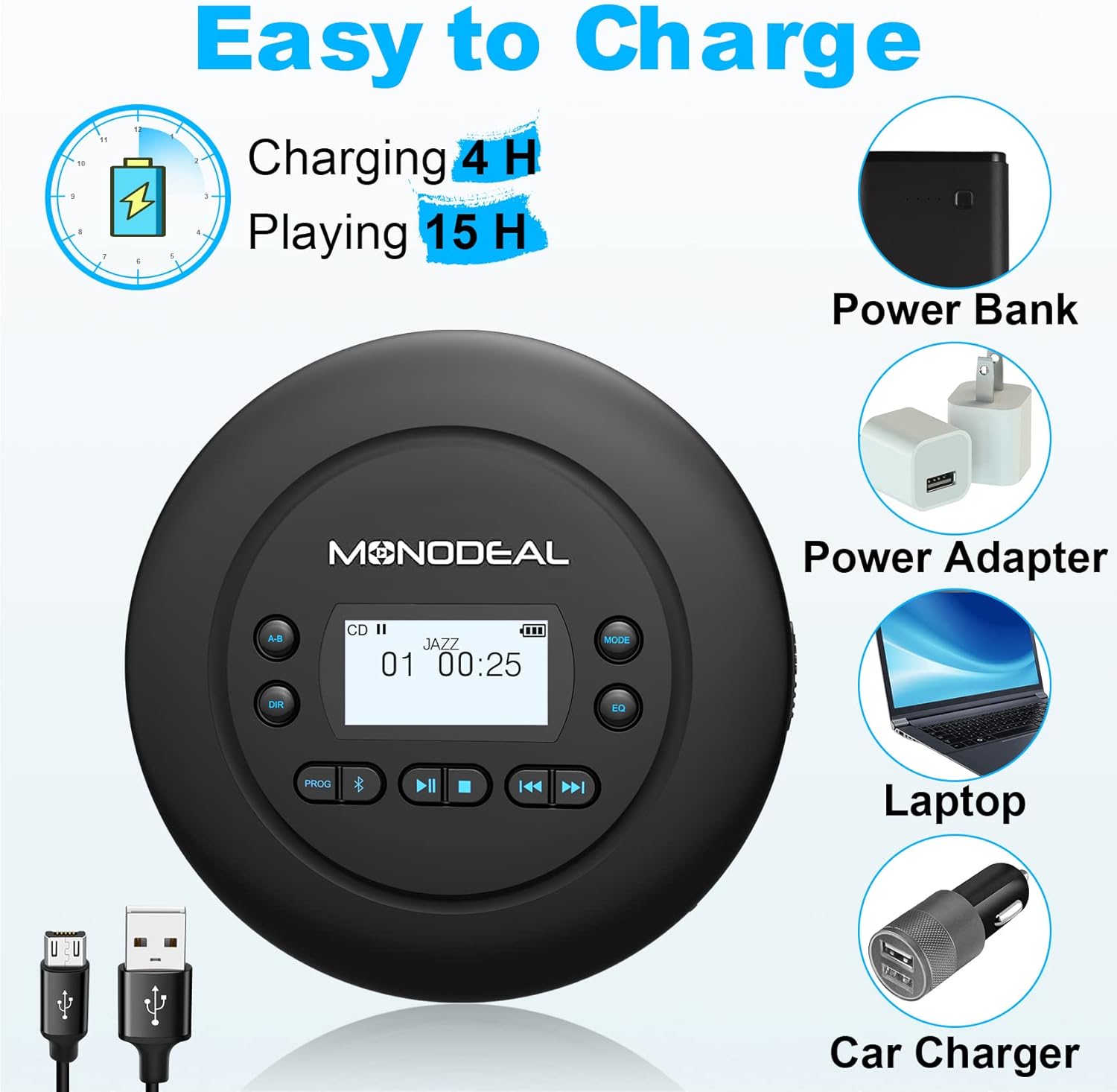 MONODEAL Tragbarer CD Player Bluetooth, Wiederaufladbar Discman für Auto und Kinder, Anti-Skip, klein mit Kopfhörer