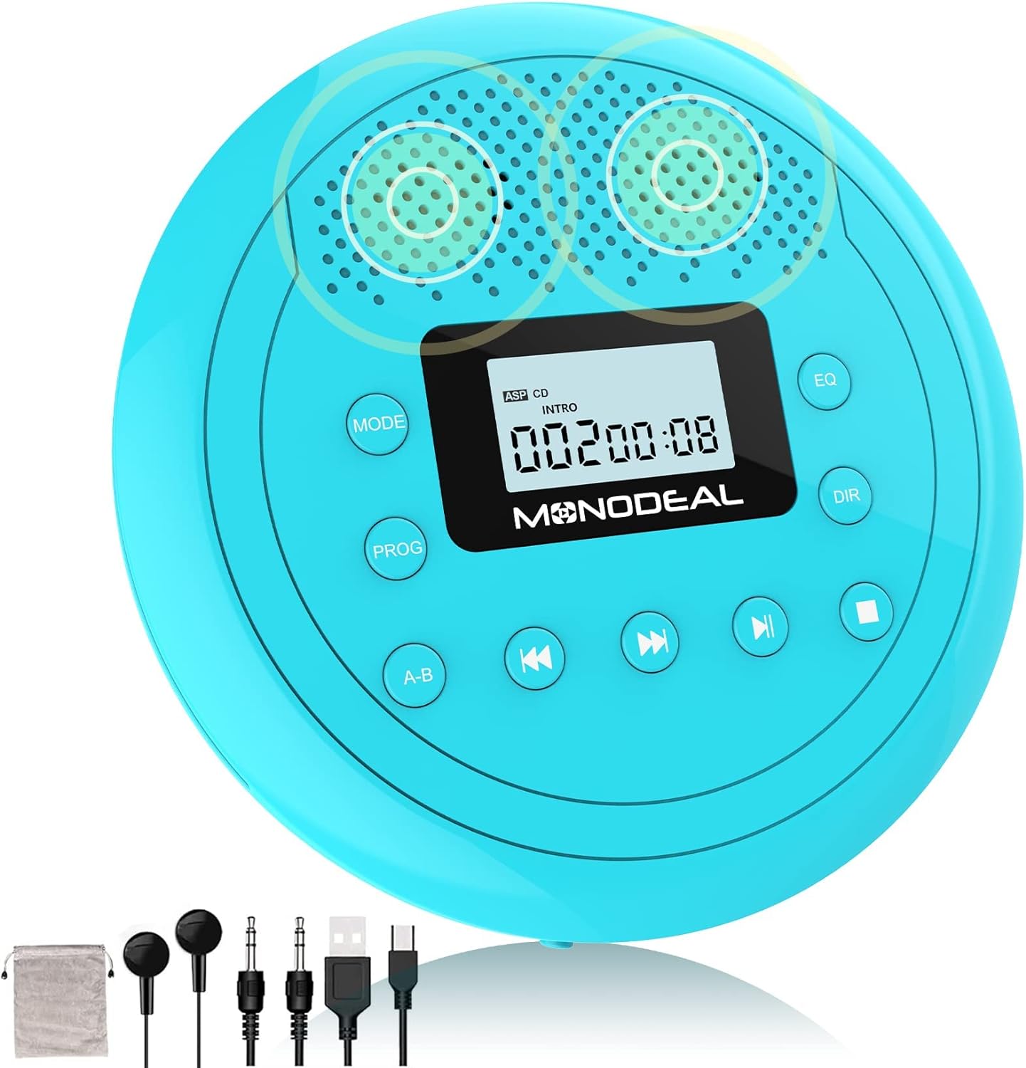 CD Player Portable | Speaker Built-in Rechargeable CD Player by Monodeal | Walkman CD Player for Car and Home, Kids, Anti-Skip CD Player with Headphones(Cyan-Blue)