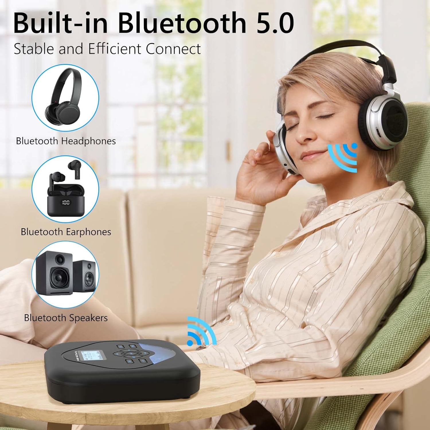 MONODEAL CD Player Portable,Bluetooth CD Player with Speakers,Rechargeable Walkman CD Player for Car and Home,Small Anti-Skip CD Player with Dual Headphone Jacks,WAV/FLAC/MP3/CD Compatible