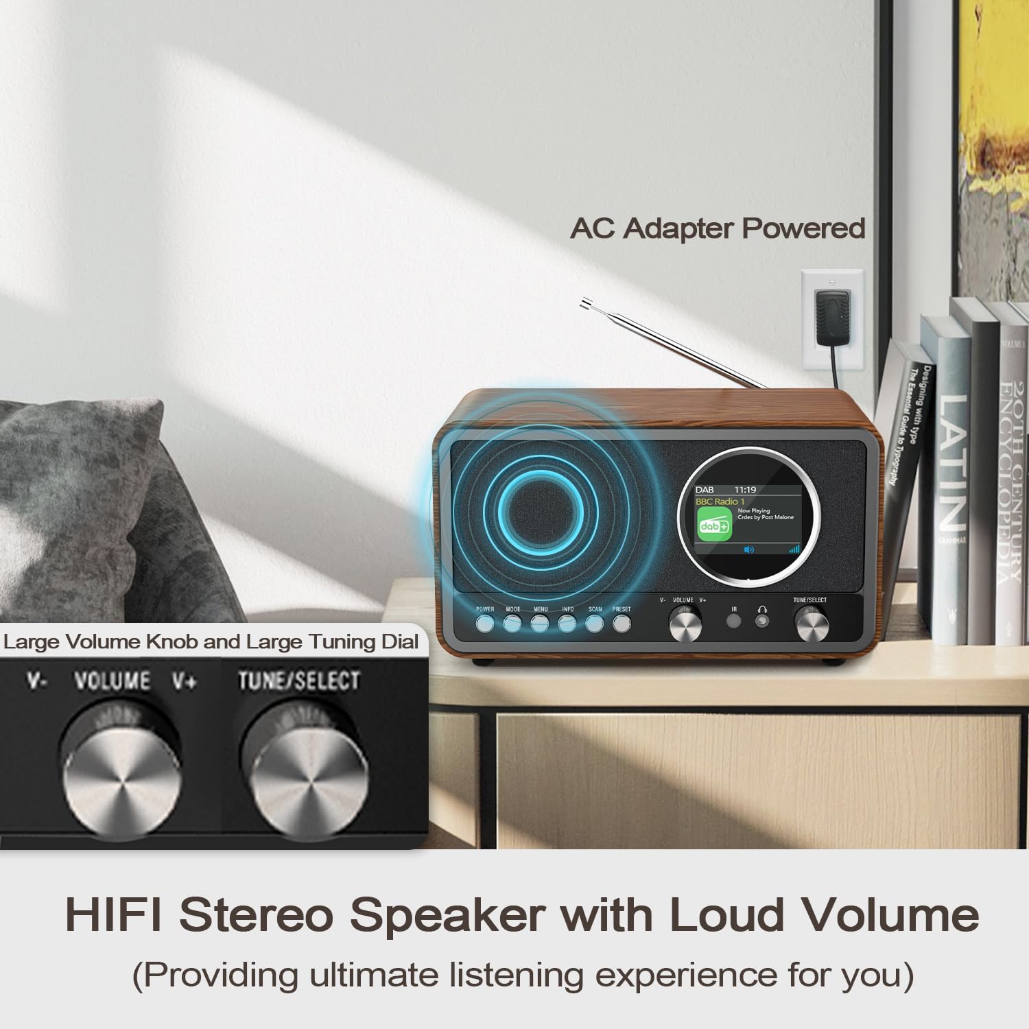 Monodeal Radio portatile DAB (DAB+, DAB Plus, FM, sveglia, altoparlante HiFi 5W, jack per cuffie, display TFT, controllo tasti), radio da cucina con 60 preset, radiosveglia con timer snooze