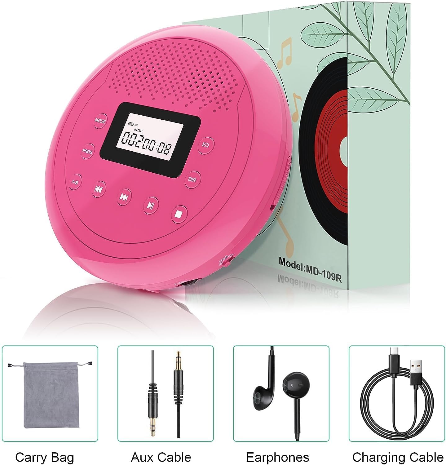 MONODEAL CD Player Portable, Rechargeable CD Player with Speakers, Anti-Skip CD Player for Car and Home, Walkman CD Player with Headphones for Audio Book Music (Rose Red)