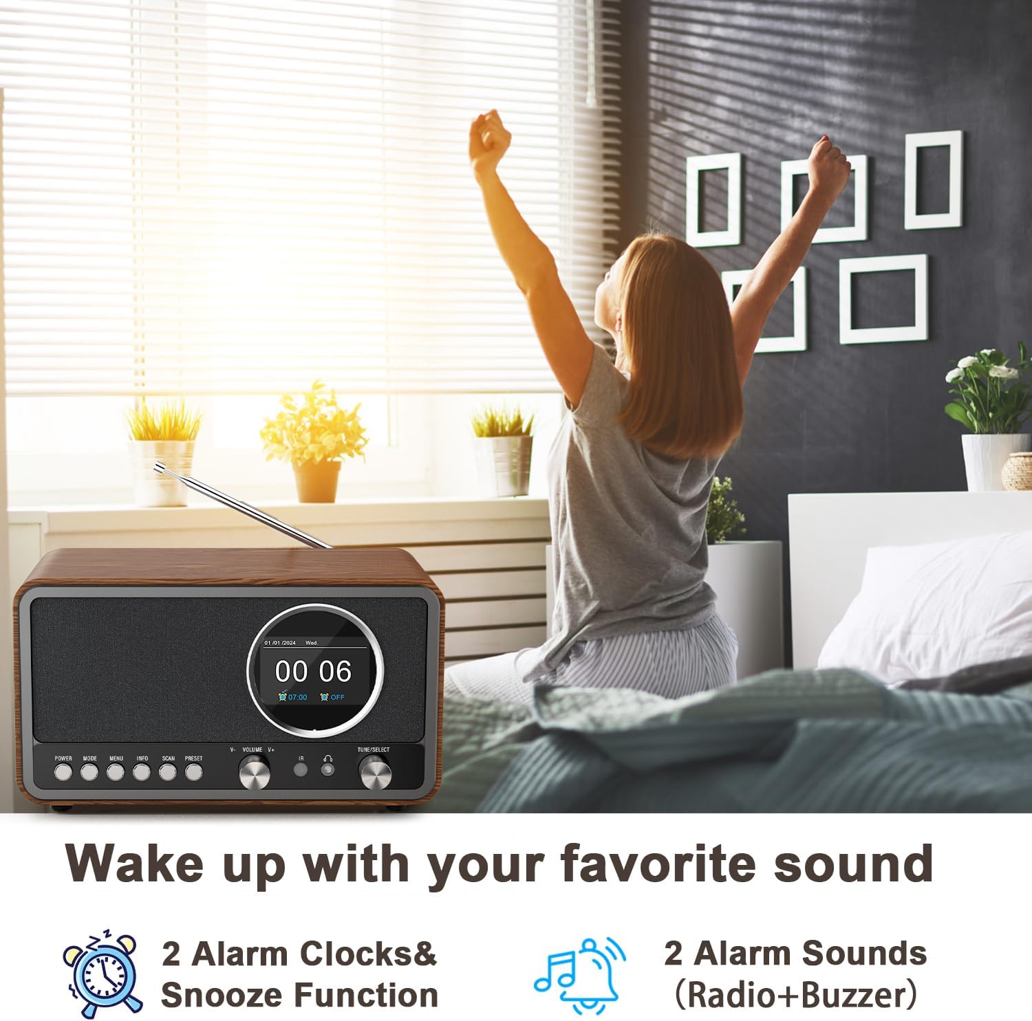 Monodeal Radio portatile DAB (DAB+, DAB Plus, FM, sveglia, altoparlante HiFi 5W, jack per cuffie, display TFT, controllo tasti), radio da cucina con 60 preset, radiosveglia con timer snooze