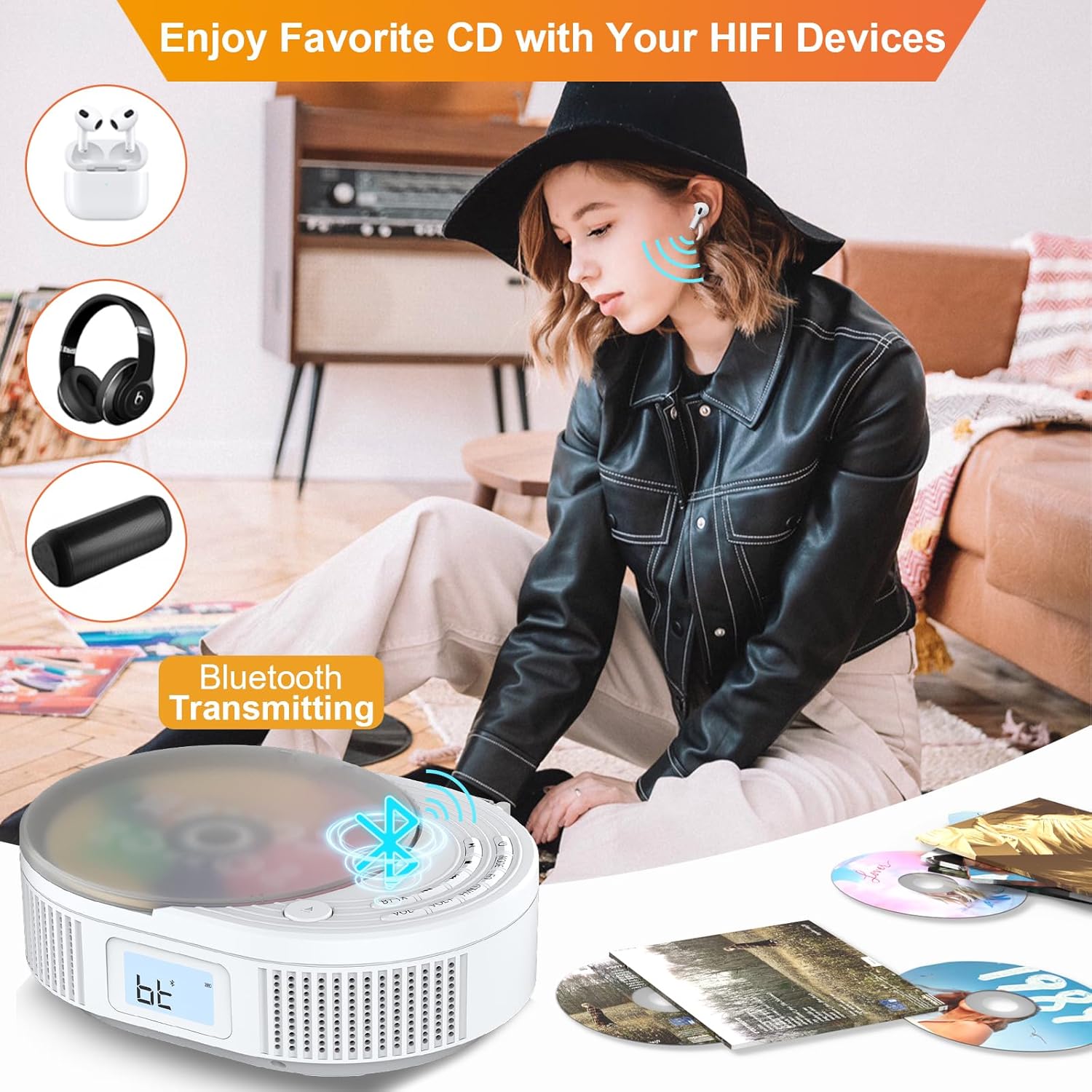 CD Player Portable,MONODEAL Boombox CD Player with Bluetooth Transmitter,FM Radio & Bluetooth Speaker 2 in 1 Combo,Portable CD Players for Car/Home with Remote Control,Headphone Jack,Support AUX/USB