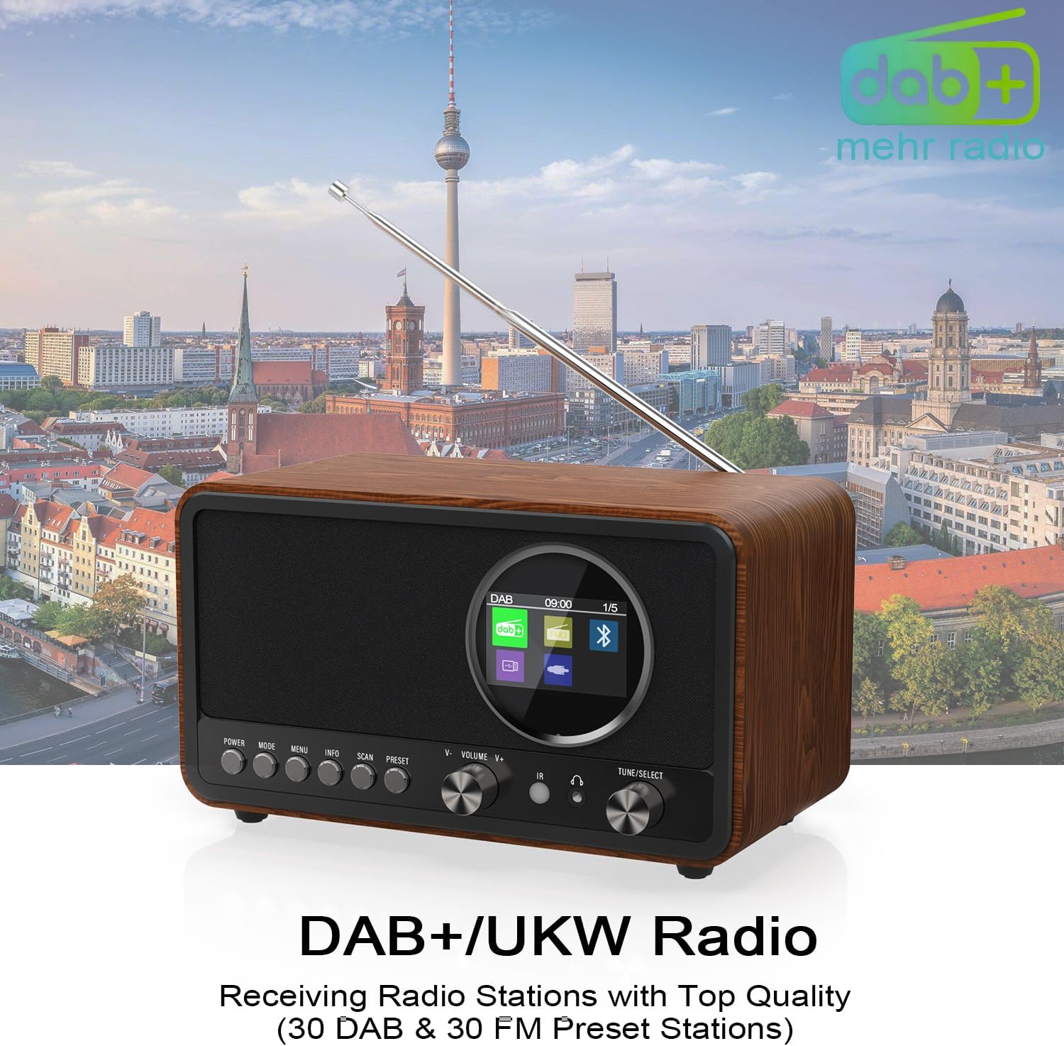 Monodeal Radio portatile DAB (DAB+, DAB Plus, FM, sveglia, altoparlante HiFi 5W, jack per cuffie, display TFT, controllo tasti), radio da cucina con 60 preset, radiosveglia con timer snooze