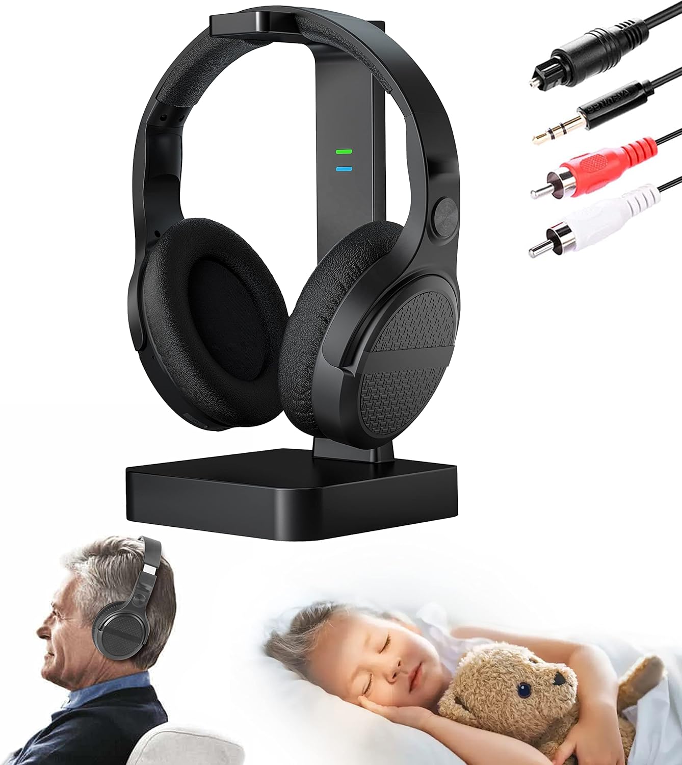 MONODEAL Wireless Headphones for TV Watching with Digital Optical RCA 2.4GHz RF Transmitter Charging Dock, Over Ear Headset with 3 Audio Modes, 197FT Wireless Range, 10Hrs Audio Playtime