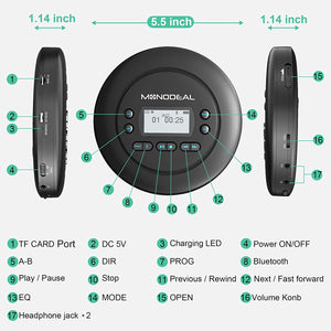 CD Player Portable, MONODEAL Bluetooth CD Player for Car and Personal Use, Rechargeable Compact Small Walkman CD Player with Headphones