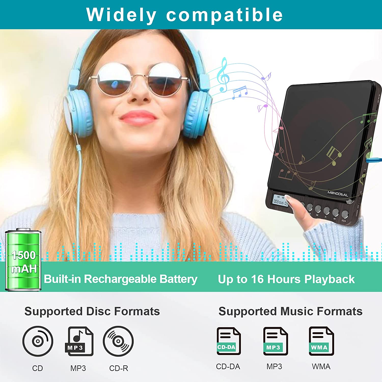 Portable CD Player for Car with AUX & FM, MONODEAL Rechargeable CD Player Portable for Home Travel, Anti-Skip Protection, Personal Compact CD Player with Dual Headphone Jacks