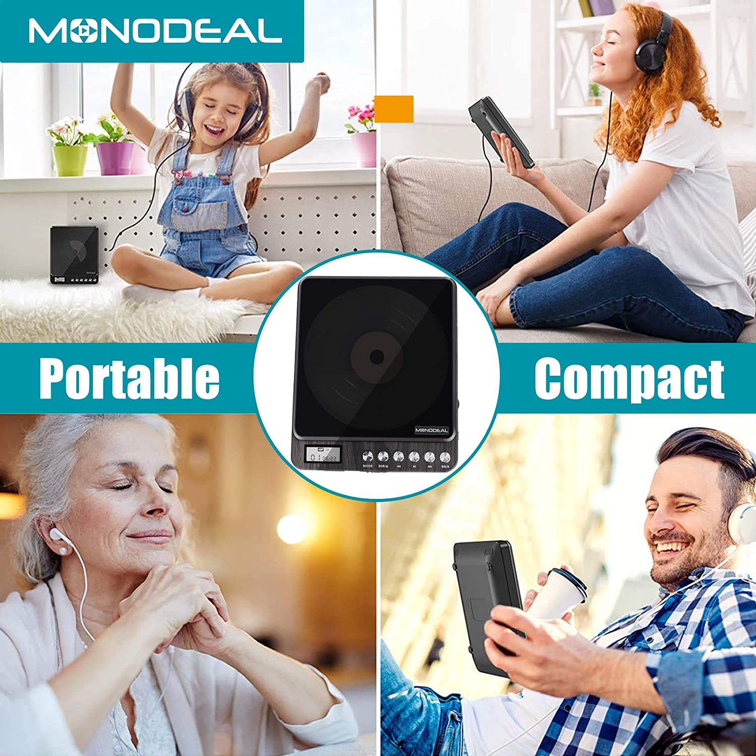 Portable CD Player with Headphones, Monodeal CW605 Compact Design CD Player  with LCD Disply, Anti-Skip Personal CD Player for Car, Rechargeable CD  Player for Music Audiobook Listening: Buy Online at Best Price