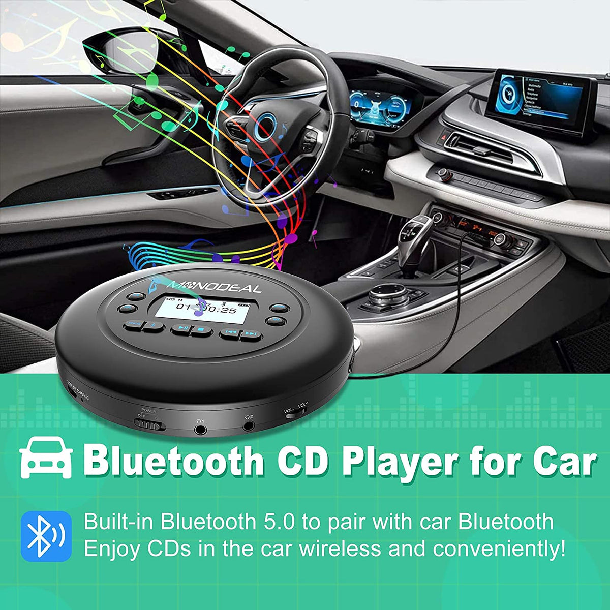 CD Player Portable, MONODEAL Bluetooth CD Player for Car and Personal ...