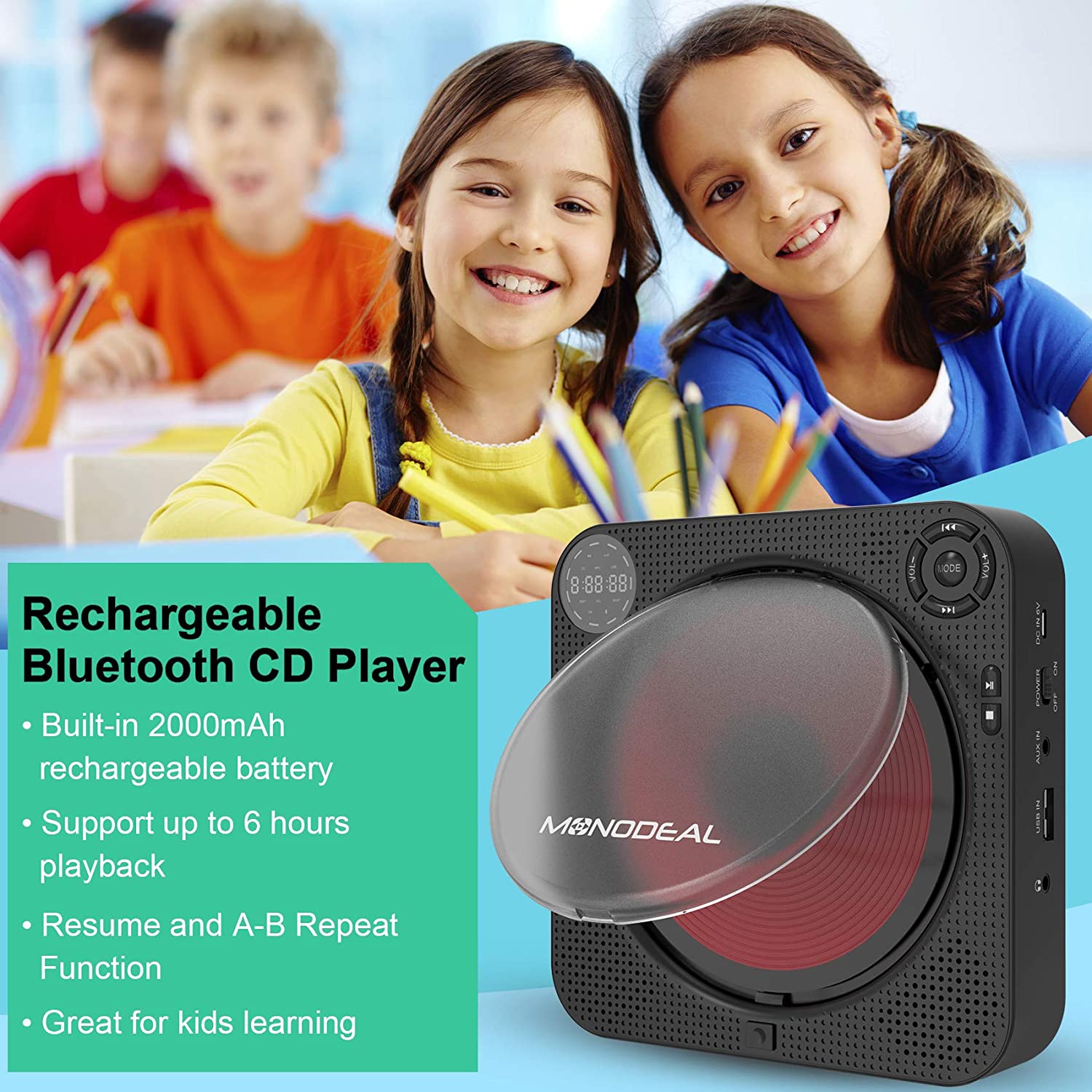 CD Player Boombox with Bluetooth, MONODEAL Portable Rechargeable CD Player with Built-in Speakers, Wall CD Player for Home, CD Player for Car and Outdoors (with Remote Control and Built-in FM Radio)